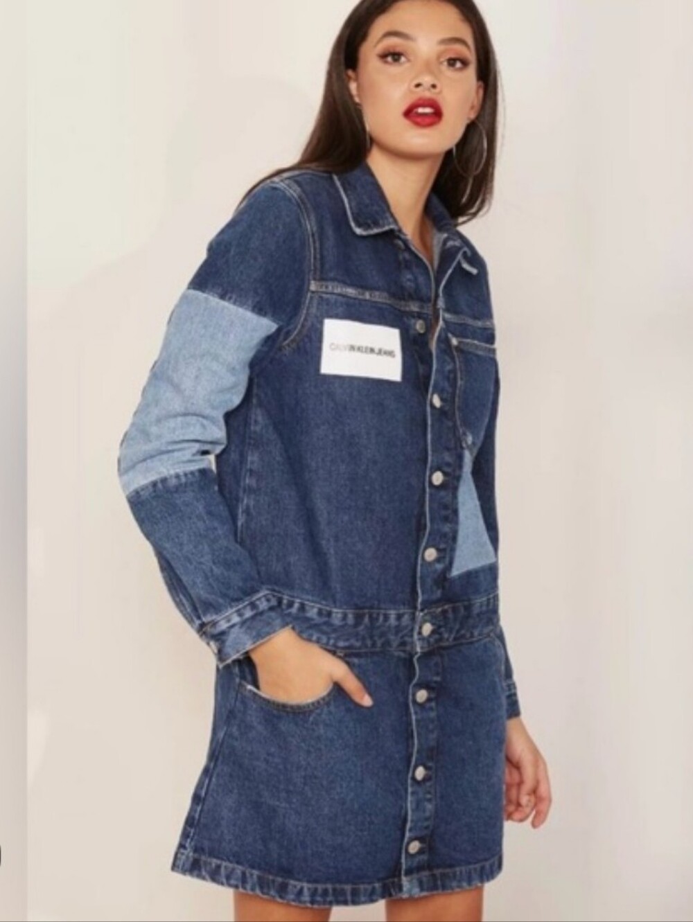 Calvin Klein Jeans Two-Tone Blue Patchwork Denim Dress Jacket